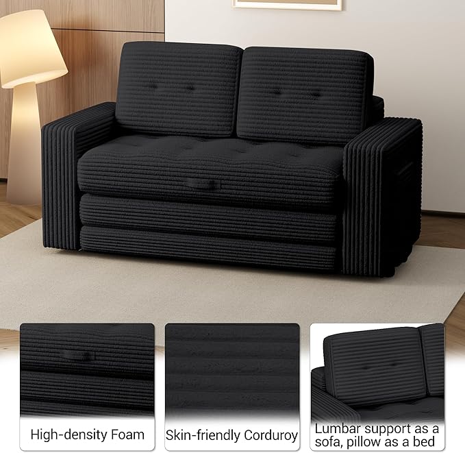 2 in 1 Convertible Sofa Bed Pull Out Loveseat Boneless Couch Sleeper Sofabed Folding Couch Bed with Pillow for Living Room Bedroom Black