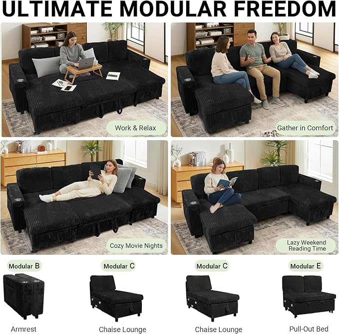 Sectional Sleeper Sofa with Pull Out Bed Storage Chaise Sectional Couches for Living Room Black Corduroy Couch with Storage Pull Out Bed 2 Cup Holders &amp USB Charging Ports Black