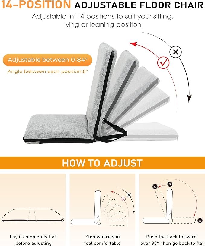 Floor Chair with Back Support Adjustable Meditation Chair with 14 Positions Portable Ground Seating for Adults Foldable Floor Seat for Meditation Yoga Reading (Thicker Sponge Version)