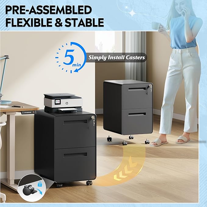 DEVAISE 2-Drawer Rounded Corner Metal File Cabinet with Lock Mobile Filing Cabinet Under Desk for Home Office Fully Assembled Printer Stand fits Letter/Legal Size Black 20 D x 15.8 W x 25 H