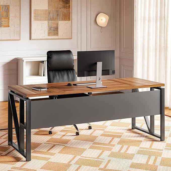LITTLE TREE 63-Inch Executive Office Desk Large Computer Desk with Storage Shelf Executive Desk with Metal Frame Study Writing Desk Work Station for Home Office Brown + Black