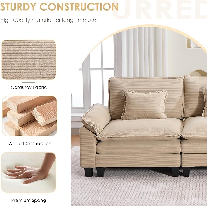 URRED Modular Cloud Couch Sectional Sofa 157 U Shaped Deep Seat Sofa with 2 Ottomans &amp Pillows Ultra Comfy Corduroy 4-Seater Sofa for Living Room Apartment or Bedroom Khaki | Corduroy Fabric