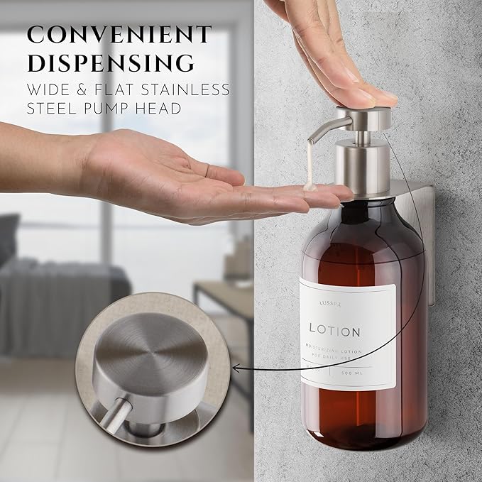 Shower Shampoo Dispenser Wall Mounted – 3 Refillable 16.9 oz Amber Bottles with Stainless Steel Pumps &amp No-Drill Adhesive Holders – Soap Dispenser Set for Bathroom (3 X Amber/Silver)