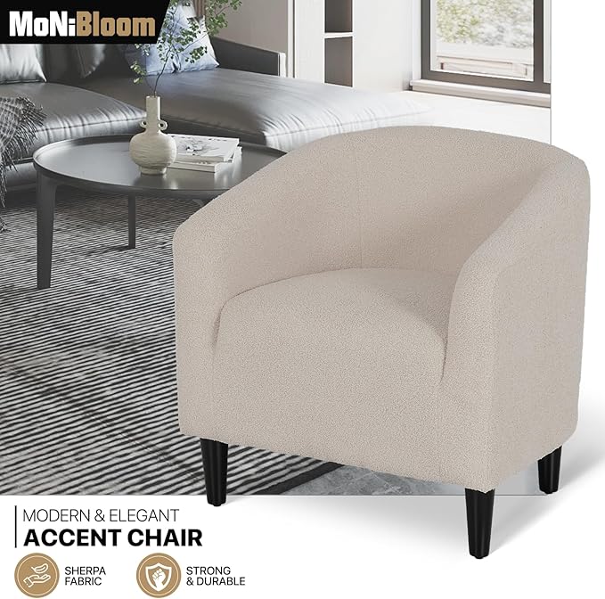 MoNiBloom Accent Barrel Chair Boucle Fabric Accent Chair Modern Sherpa Elegant Armchair with Cozy Soft Padded 300lbs Capacity Compact Sofa Chair for Living Room Bedroom Office Light Gray