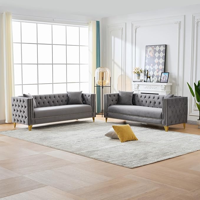 DEINPPA 2 Piece Chesterfield Couch Sets Velvet 3 Seater Sofa Set with Throw Pillows Comfy Couch with Nailhead Trim and Metal Legs for Living Room/Apartment/Office-Grey