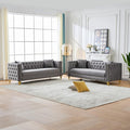 DEINPPA 2 Piece Chesterfield Couch Sets Velvet 3 Seater Sofa Set with Throw Pillows Comfy Couch with Nailhead Trim and Metal Legs for Living Room/Apartment/Office-Grey