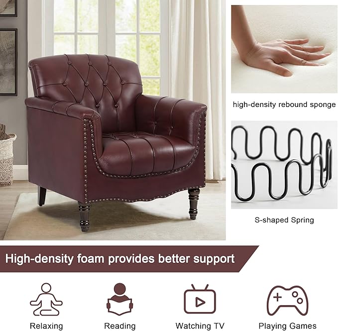 Faux Leather Accent Chairs Set of 4 Modern Armchair Club Chair with Nailhead Trims &amp Wood Legs for Living Room Upholstered Comfy Arm Chair Side Chair for Office Bedroom-Dark Red