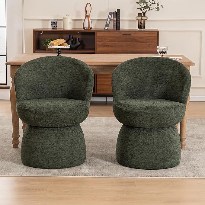 Rowill 360 Degree Swivel Accent Chair Set of 2 Modern Green Barrel Chairs Boucle Fabric Upholstered Comfy Chair for Living Room Bedroom Dining Room Reading Nook
