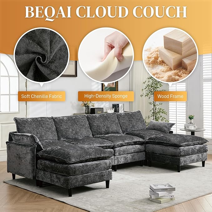 121 U Shaped Modular Sectional Sofa with Movable Ottomans Comfy Fluffy Cloud Chenille Grey Sectional Couches for Living Room Cloud Couch Sectional Sofa with Memory Foam &amp Double Cushion