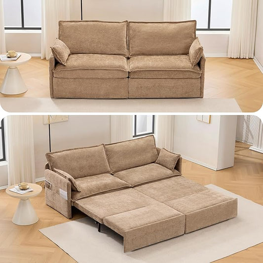 73.6inch 3 in 1 Pull Out Sofa BedSofa Bed for Small SpacesChenille Convertible Sleeper Sofa CouchSide Storageand USB/C-Type Charging Ports Chair for BedroomApartmentLoveseat (Khaki 73.6)