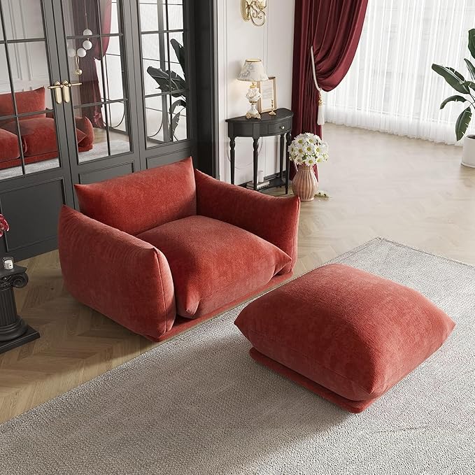 JACH Mid-Century Comfy Ottoman Chenille Sofa Footrest Couch with Thick Cushion 26 Foot Stool Furniture for Small Spaces Living Room Bedroom Office Apartment Red