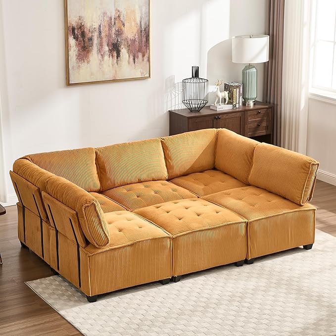 121 U Shaped Modular Sectional Sofa Couch 6 Seat Convertible Upholstered Deep Seat Sleeper Sofa with Chaise Lounge Cloud Couch for Living Room Mustard Yellow