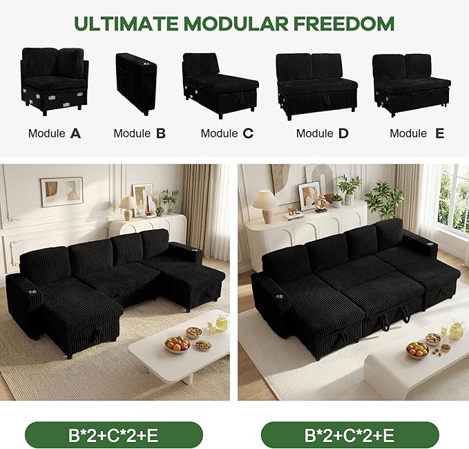 Oversized Sectional Couch U Shaped Corduroy Couch for Living Room Sectional Sleeper Sofa with Pull Out Bed Convertible Sofa Bed for Living Room Bedroom and Apartment Black