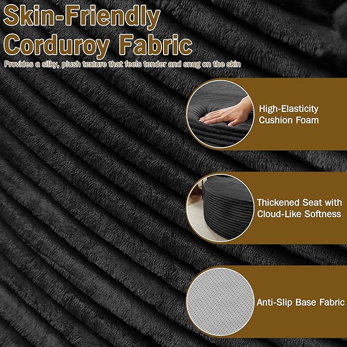 Oversized Round Chaise Lounge ChairCorduroy Cloud Large Circle Sofa Chair No Assembly Required Modern Sleeper Cloud Sofa Couch Bed for Living Room Bedroom Apartment (Black)