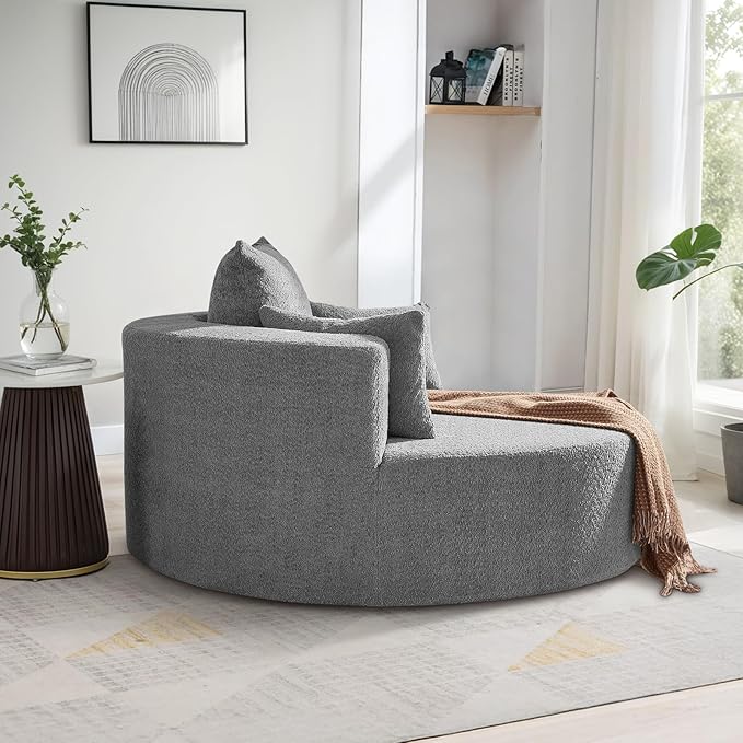 360° Swivel Barrel Chair - Oversized Round Sofa Chair and A Half with Removable Pillows Comfy Modern Upholstered Chenille Deep Seat Circle Chaise Lounge for Living Room Bedroom Office Hotel (Grey)