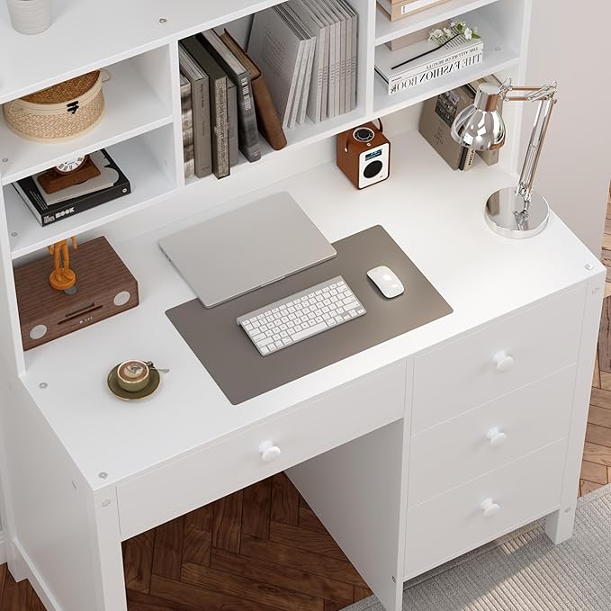 Wooden 40'' Home Office Desks with Bookshelf and Upholstered Chair Versatile Writing Desk Office Study Workstation with 4 Drawers and Storage Shelf for Office Study Room Bedrooms (White-Wood)