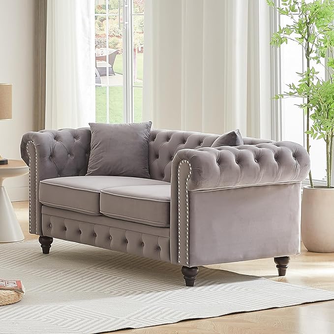 2 Piece Living Room Sofa Set Velvet Button Tufted Couch and Loveseat Set with Nailhead Trim&ampRoll Armrests Mid Century Modern Chesterfield Sofa for Living Room Office(Loveseat+3 Seater Light Gr