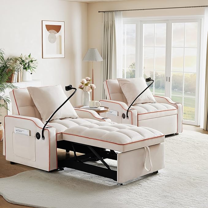 Convertible Sleeper Chair Sofa Bed3 in 1 Velvet Tufted Pull Out Couch with Swivel Phone Holder &amp USB PortsFuton Small Couch Bed w Cup Holders &amp Adjustable Backrest for Living RoomSmall Plac