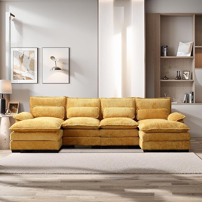 U Shape Sectional Sofa Cloud Couch 110.6 Modern Chenille Comfy Modular Couch 4 Seat Upholstery Sofa with Double Chaise for Living Room Yellow