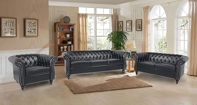 RARZOE 2 Pieces of Living Room Furniture Sofa SetsModern Contemporary Tufted Button Faux Leather Accent Club Chair&ampChesterfield Loveseat Sofas Set with Nailhead Trim Scroll Arms for HomeBlack