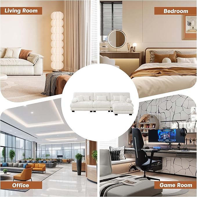 133.8'' Sectional Couches for Living Room Memory Foam Chenille Cloud Couch Round Arm Deep Seat L Shaped Couch Sofa with Pillow and Ottoman