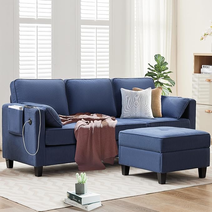 Convertible Sectional Sofa Couches for Living Room with Movable Ottoman 3 Seat 80 L Shaped Sofa with USB Ports&amp2 Pockets Corduroy Fabric Sofa Recliner for Apartment Small Place (Blue)