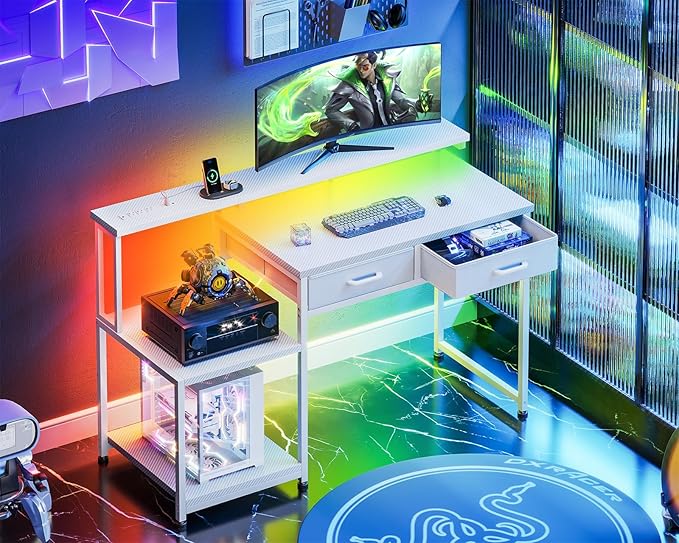 ODK Gaming Desk with Led Lights &amp Power Outlet 48 Inch Computer Desk with Drawers Office Desk with Large Display Storage Shelves Reversible Desk with Monitor Stand for Home Carbon Fiber White