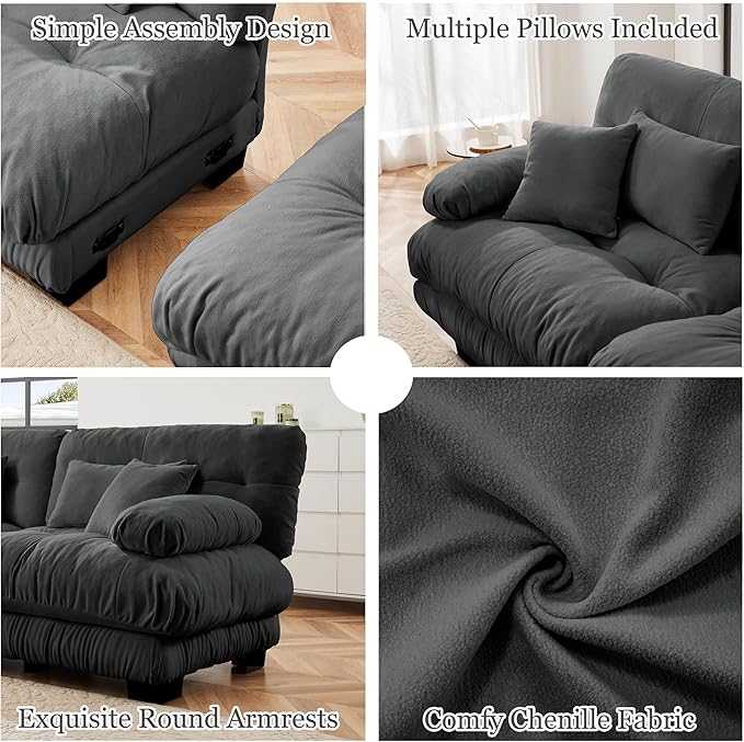 Modular Sectional Sofa Bed Chenille Comfy Cloud Couch with 2 Ottomans Sleeper Daybed with 2 Lumbar Pillows and 2 Throw Pillows Couches for Living Room (Gray 2 Seat + 2 Ottoman)