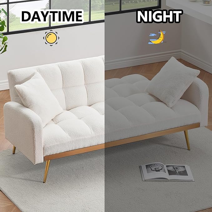 Comfy Futon Sofa Bed with 2 Pillows White Futon Couch Bed with Gold Legs Small Convertible Sofa Bed Couch for Living Room Modern Loveseat for Bedroom Curved Arms Plush Tufted-ShapedTeddy (Beige)