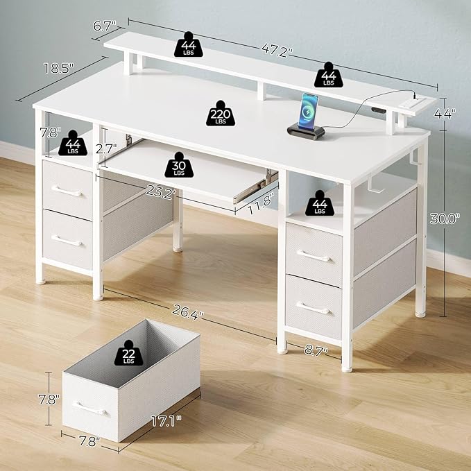 Seventable White Computer Desk with Drawers Gaming Desk with Keyboard Tray Office Desk with LED Lights &amp Power Outlets 47 inch Writing Desk with Monitor Stand for Small Space