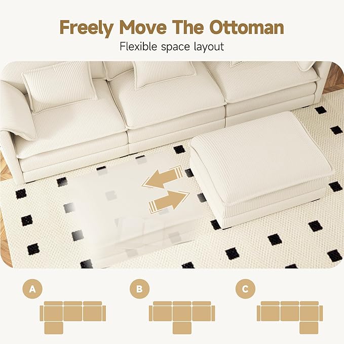 Real Relax 34.9'' Modular Sectional Sofa Single Seat Without Armrest Corduroy Convertible Couch with Movable Ottoman 2 Pillows for Living Room Office and Leisure Places Beige