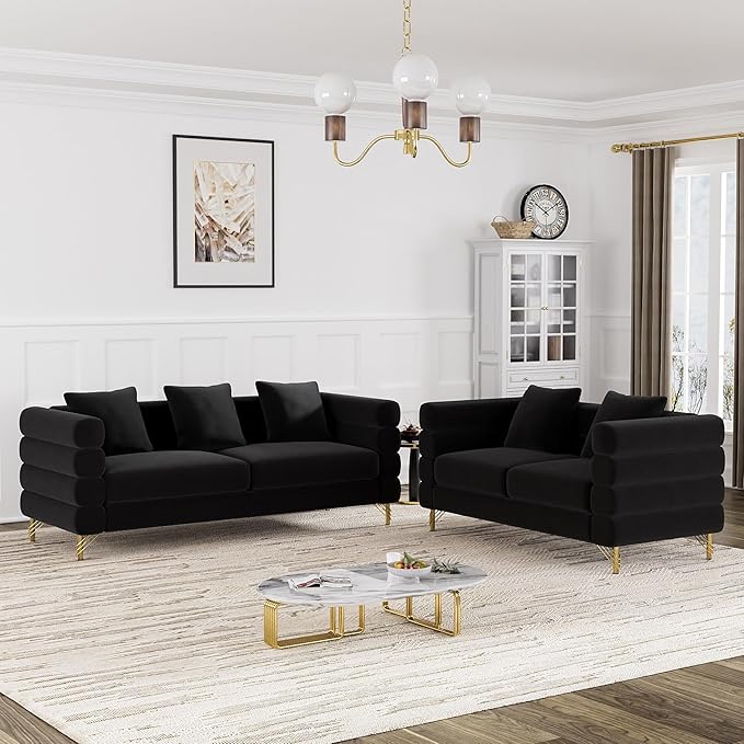 OUYESSIR Living Room Sofa Couch and Loveseat Set Modern Comfy Velvet Deep Seat Cloud Couch with 5 Pillows Oversized Sofa Furniture Sets for Living Room Bedroom Jet Black Velvet