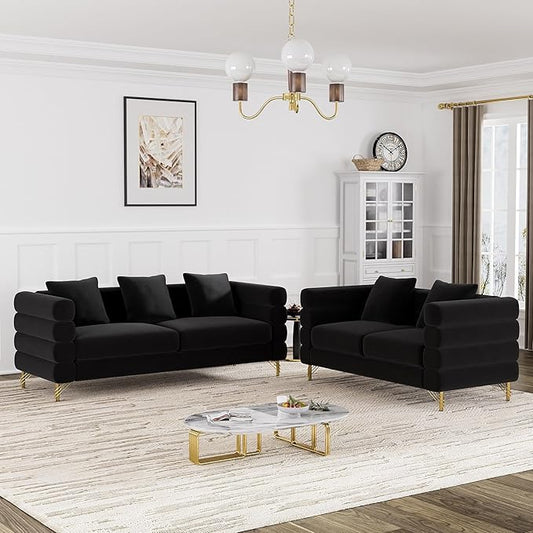 OUYESSIR Living Room Sofa Couch and Loveseat Set Modern Comfy Velvet Deep Seat Cloud Couch with 5 Pillows Oversized Sofa Furniture Sets for Living Room Bedroom Jet Black Velvet