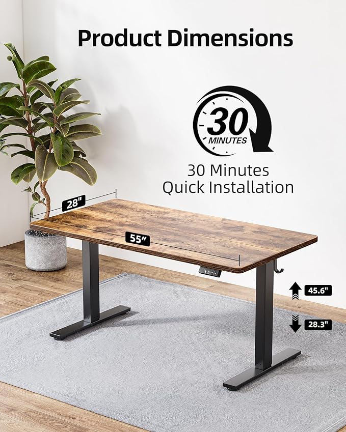 TIQLAB 55 * 28 Inches Standing Desk Adjustable Height Stand up DeskSit Stand Home Office Table with Splice Board Rustic Brown