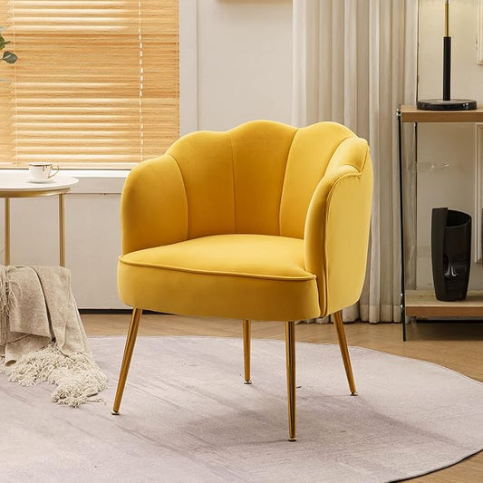 Shell Shape Velvet Fabric Armchair Accent Chair with Gold Legs for Living Room BedroomYellow