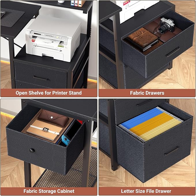 Aheaplus Computer Desk with 3 Drawers Home Office Desk with File Drawer &amp Power Outlet 59'' Gaming Desk with Led Lights Long Work Desk with Storage Shelves Printer Cabinet and Monitor Shelf B
