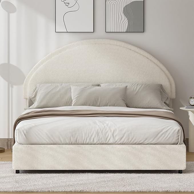 Full Size Bed Frame Soft Bed Frame with Rounded Corners Upholstered Boucle Platform Bed Frame with Round Headboard No Box Spring Required Easy Assembly White