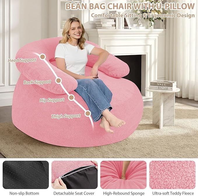 HABUTWAY Giant Bean Bag Chair Oversized Beanbag Chair with Filler Ultra Soft Teddy Fleece Bean Bag Lounge Floor Sofa w/U-Shaped Pillow for Gaming Reading Pink&amp Pink