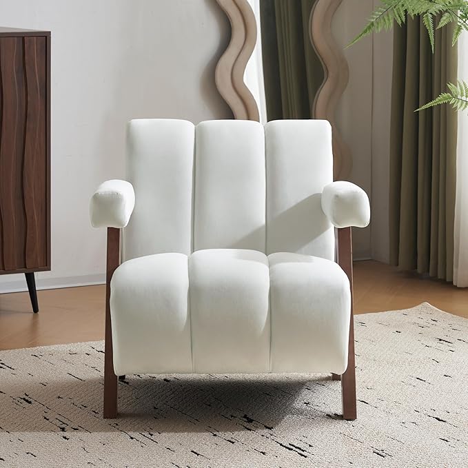 Mid Century Modern Accent Chair with Solid Wood e Upholstered Living Room Chairs with Thick Cushion Comfy Tufted Arm Chair for Bedroom Living Room Velvet Ivory