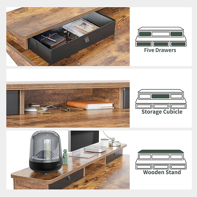 FEZIBO Height Adjustable Electric Standing Desk with 5 Drawers 55 x 24 Inch Table with Storage Shelf Sit Stand Desk Black Frame/Rustic Brown Top 55 inch