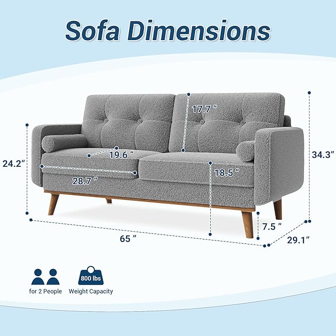 GarveeHome 65 in Loveseat Sofa Mid Century Modern Couch Comfy Love Seat Couches for Living Room 2 Seater Deep Seat Couch Teddy Fleece Boucle Upholstered Couches for Bedroom Office Small Space Grey