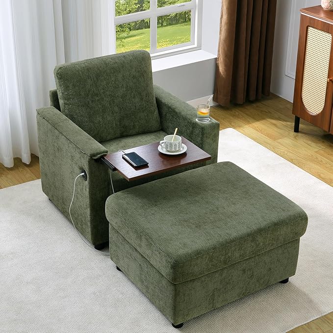 Modern Accent Chairs with Storage Ottoman Set Chenille Reading Armchair with Tray Table and Charging Ports Comfy Chaise Lounge Chair for Living Room Bedroom Reading Nook
