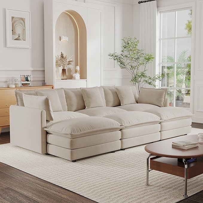 KEIKI 112 Oversized Chenille Modular Cloud Sectional Sofa with 3 Ottoman High-Density Foam Cushion Modern Style 3-Seater Fluffy Corner Couch with 5 Pillow for Apartment Living Room Beige