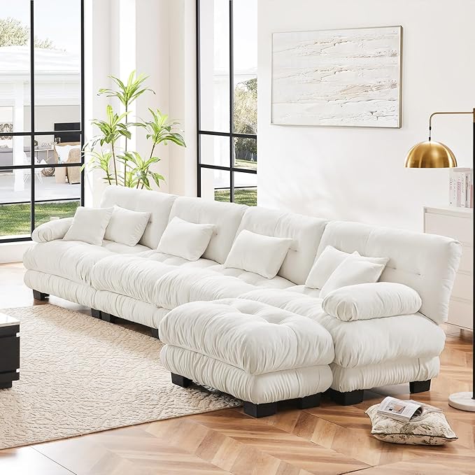 Setawix Luxury Modular Sectional Sofa Couch with Deep SeatOversized L-Shaped 4 Seater Sofas with Curved ArmrestComfy Chenille Cloud Couch for Living RoomWhite