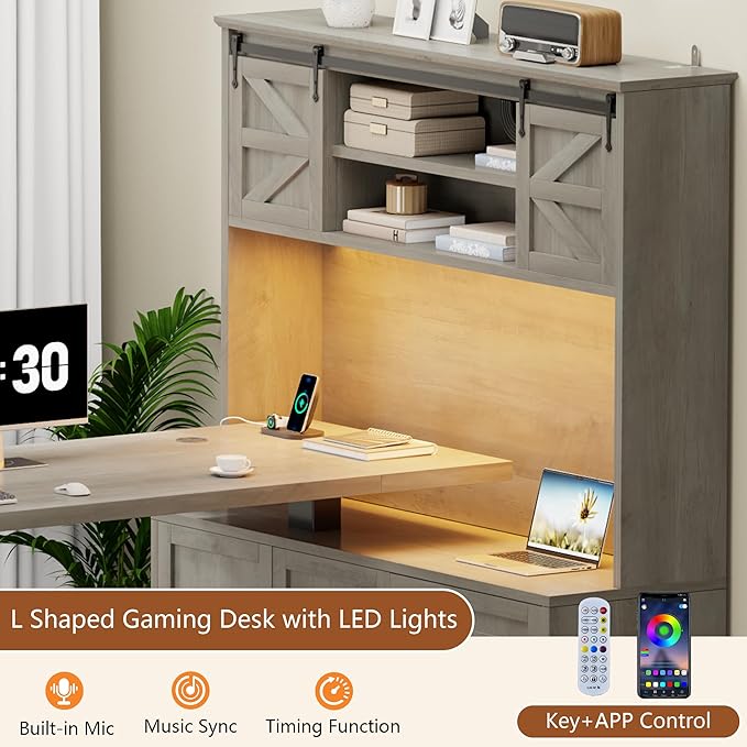 70.86 Farmhouse L Shaped Standing Desk with Hutch Electric Height Adjustable Desk with Storage Corner Computer Desk with File Drawer Power Outlets LED Gaming Desk with Sliding Door Grey