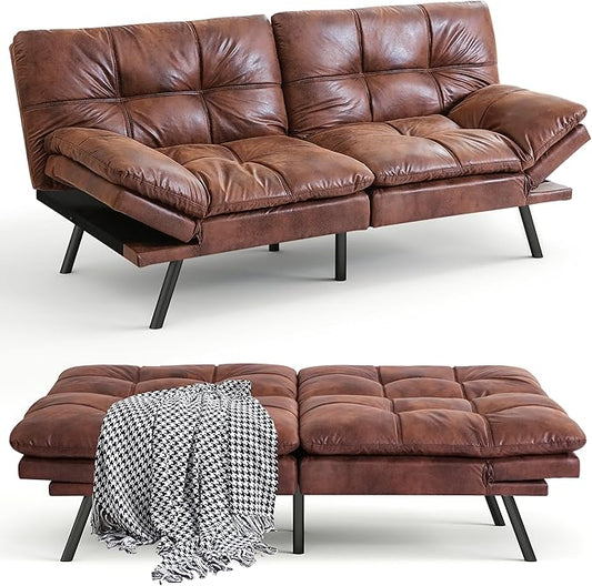 71 Futon Sofa Bed Memory Foam Convertible Faux Leather Futon Couch Beds with Adjustable Armrest Backrest Multi-Functional Folding Sleeper Sofa Bed for Living Room Apartment Brown