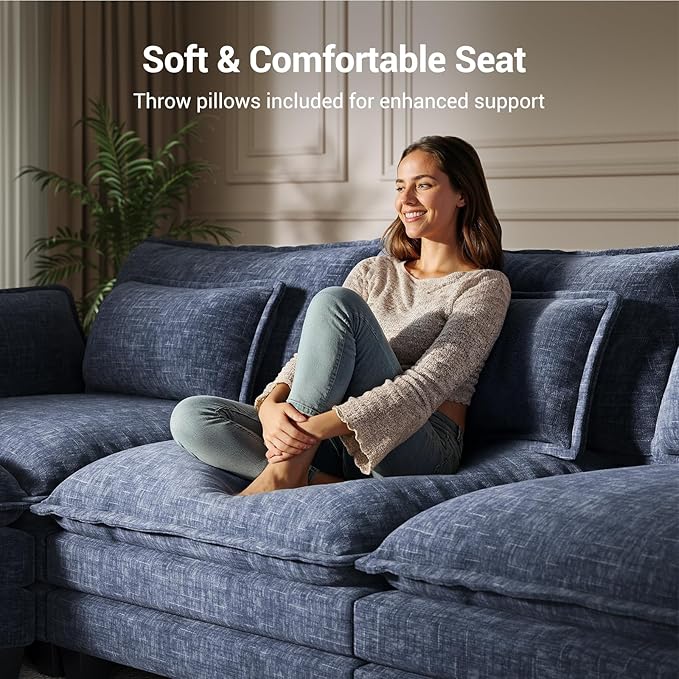 Pipishell 110.6 U-Shaped Modular Sectional Sofa 5-Seat Modern Chenille Deep Seat Comfy Cloud Couch with 2 Movable Ottoman &amp Throw Pillows for Living Room Bedroom and Apartment Blue