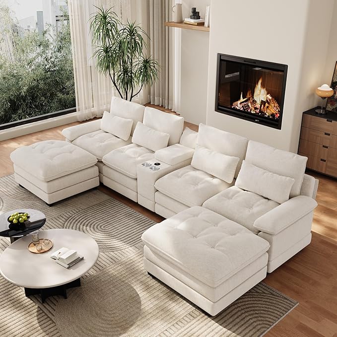 134U Shaped Sectional Couches for Living Room Oversized Modular Sectional Fluffy Couch with 2 Ottoman &amp Storage ConsoleModern 6 Seat Living Room Sofa with Glitter FabricTufted Buttons Beige