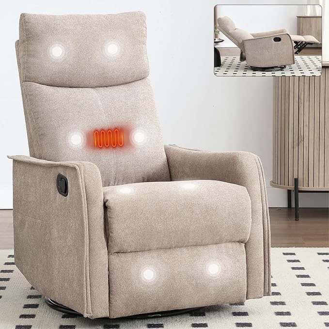 Rocking Recliner Chair with Heat and Massage 360° Swivel Glider Rocker with Reclining Backrest and Footrest Modern Nursery Rocking Chairs for Adults for Bedroom Living Room Office (Khaki)
