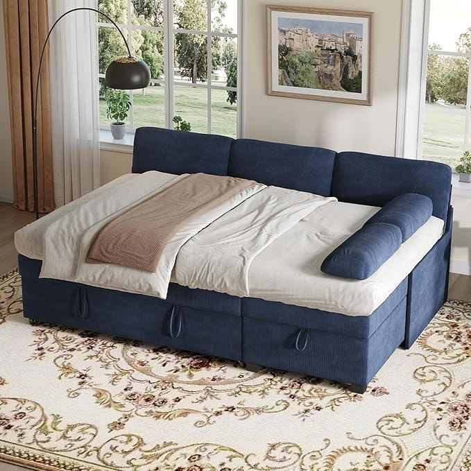 80 inch Convertible Sectional Sofa L-Shaped Sofa Sleeper with Reversible ChaiseCouch Bed with StorageRemovable ArmrestModern Pull Out Bed for Living Room BedroomCorduroy Blue